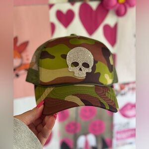 Glitz & Grit Camo Trucker Hat – Rhinestone Skull for Bold Glam Style